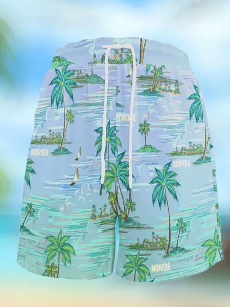 

Mens Coconut Tree Elastic Waist Hawaiian Beach Shorts, As picture, Shorts
