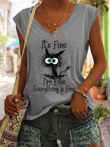 

Funny I am Fine Letter Cotton Blends Casual Knit Tank, Gray, Tank Tops