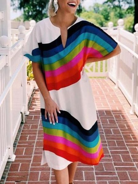 

V Neck Striped Vacation Short Sleeve Woven Dress, White, Midi Dresses