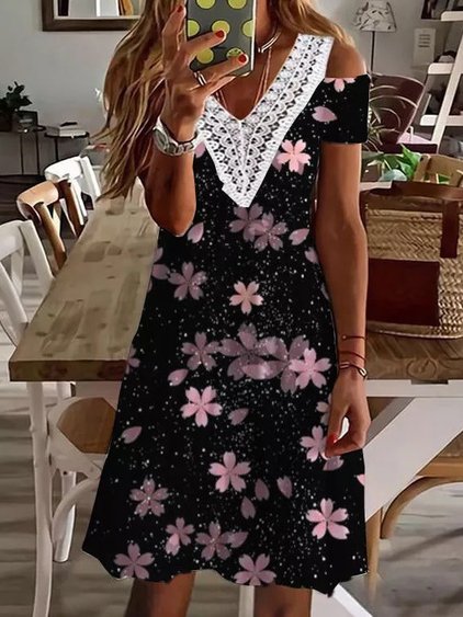 

Lace V Neck Floral Short Sleeve Knit Dress, Black, Dresses
