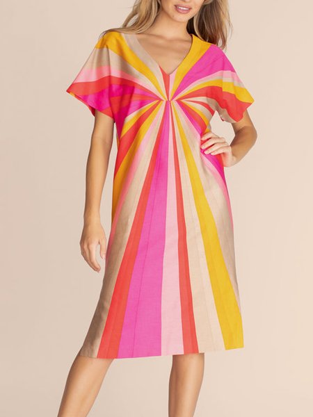 

V Neck Loosen Short Sleeve Woven Midi Dress, Multicolor, Midi Dresses