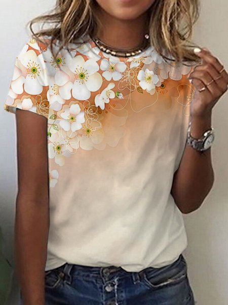 

Round Neck Vacation Floral Short Sleeve Tops, Orange, T-Shirts