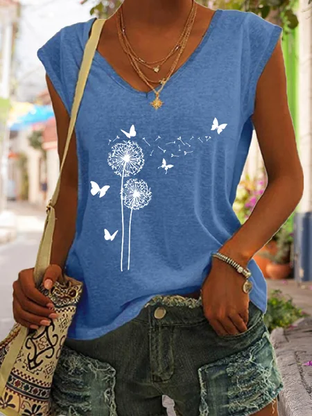 

Flower Butterflies Print Women's Knit Tank, Blue, Tank Tops