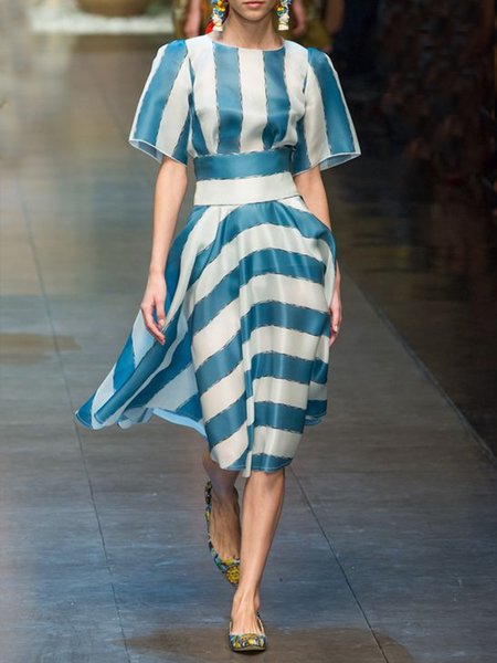 

Crew Neck Striped Vacation Short Sleeve Woven Dress, Blue, Midi Dresses