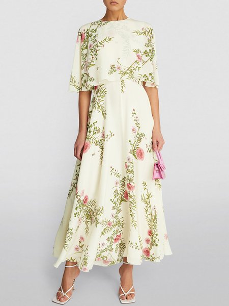 

Crew Neck Elegant Regular Fit Short Sleeve Woven Dress, White, Maxi Dresses