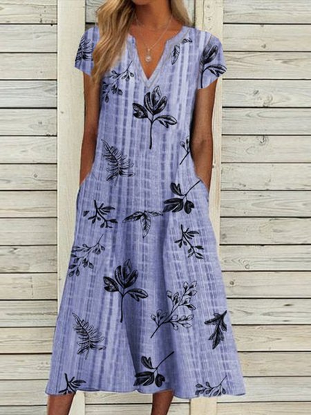 

Geometric Floral Printed Casual Loosen V Neck Midi Short Sleeve Woven Dress, Flower, Midi Dresses