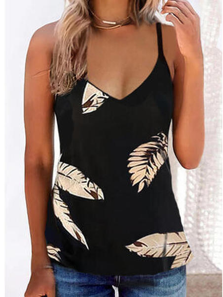 

Feather V Neck Casual Knit Tank, Black, Tanks & Camis