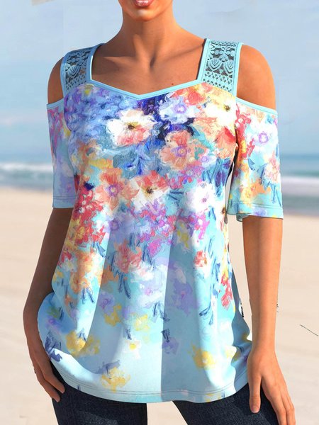 

Beach daily loose vacation retro flower print a-pendulum suspender dress Plus Size, Blue, T-Shirts