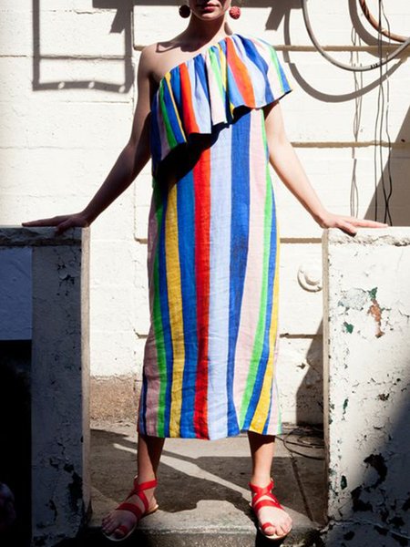 

Vacation Regular Fit Striped Short Sleeve Woven Dress, Multicolor, Maxi Dresses