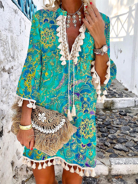 

Plus size Casual Long Sleeve Printed Vacation Dress, As picture, Mini Dresses
