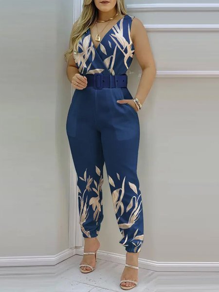 

Regular Fit V Neck Floral Jumpsuit & Romper, Deep blue, Jumpsuits