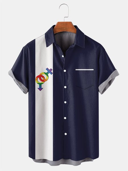 

Rainbow Graphic Men's Casual Chest Pocket Short Sleeve Shirt, Purplish blue, Men's Floral shirt