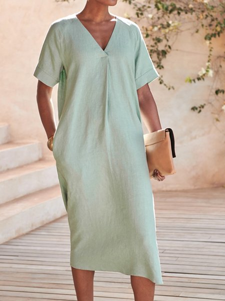 

Loosen Solid Linen Short Sleeve V Neck Dress, Green, Midi Dresses