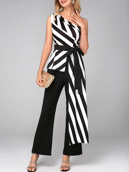 

Regular Fit Asymmetrical Neck Striped Short Sleeve Daily Top, Black-white, Tops