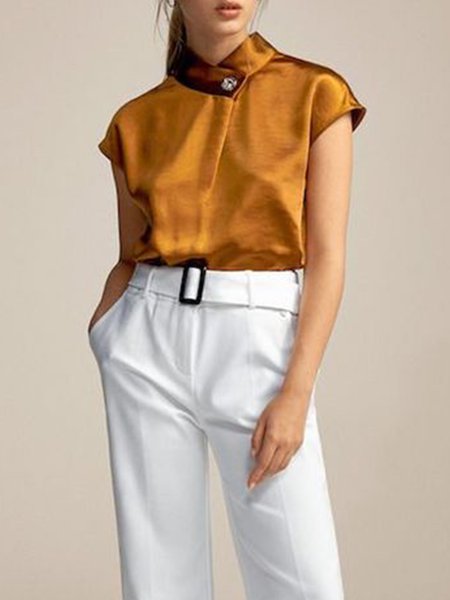 

Stand Collar Simple Top, Camel, Tops