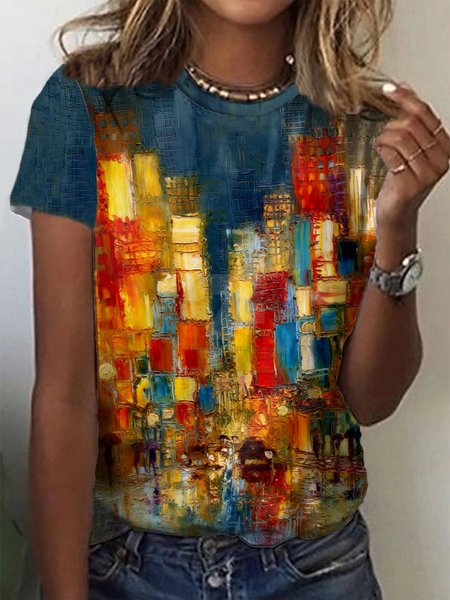 

Multicolor Abstract Printed Short Sleeve Crew Neck Plus Size Casual T-shirts, T-Shirts