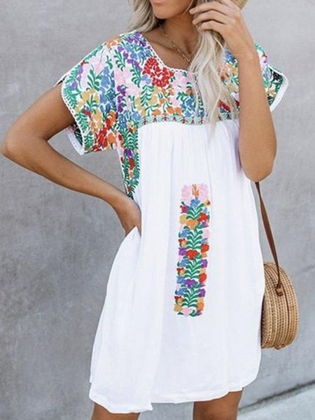 

Vacation Loosen Floral Short Sleeve Women Dress, White, Mini Dresses