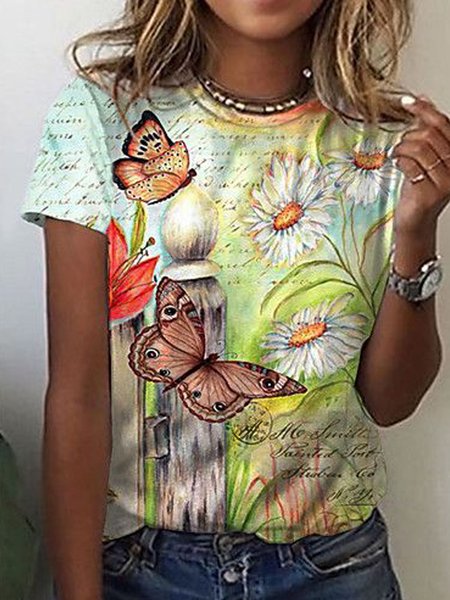 

Vacation Butterfly Floral Letter Printed Casual Loosen Crew Neck Short Sleeve T-Shirt, Flower, T-Shirts