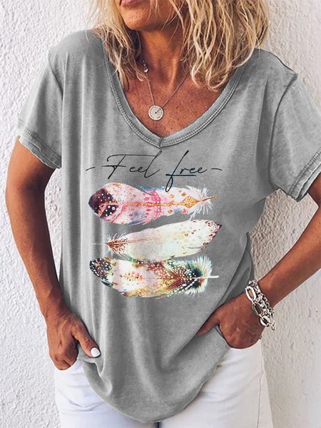 

Loosen Casual Feather Short Sleeve T-Shirt, Gray, T-Shirts