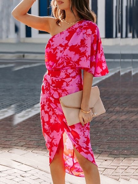 

Vacation Regular Fit Short Sleeve Woven Dress, Rose red, Midi Dresses