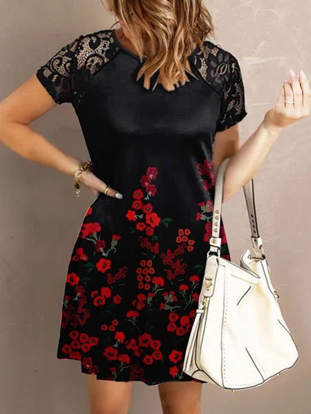 

Floral Lace Regular Fit Short Sleeve Lace Knit Dress, Black, Dresses