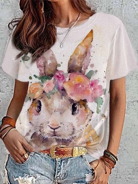 

Easter Bunny Print Casual Round Neck Short Sleeve T-Shirt, White, T-Shirts