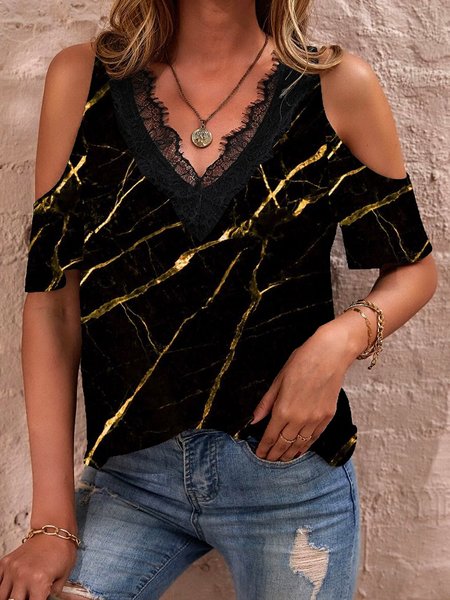 

Mother's Day Theme Lace Patchwork Marble Print Spring New Explosive Ladies Tops, Multicolor, T-Shirts