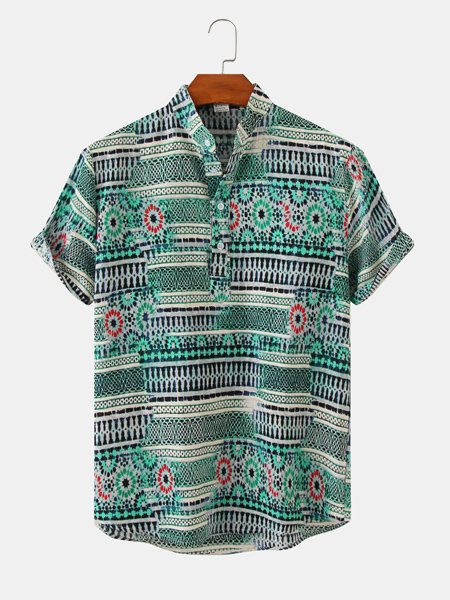 

Men's Loose Stand Collar Ethnic Pattern Print Short Sleeve Shirt, Aqua, Shirts ＆ Blouse