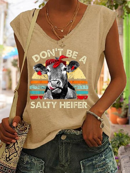 

Don't Be A Salty Heifer Shirt, Sassy Cow Casual Knit Tank, Khaki, Tank Tops