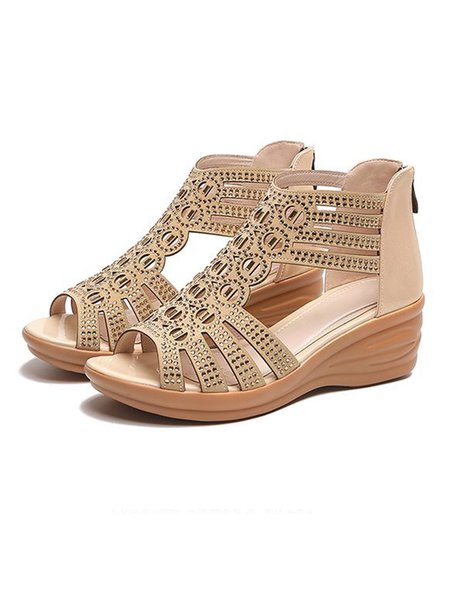 

Rhinestone Cutout Boho Wedge Sandals, Beige, Sandals