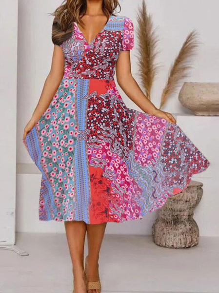 

V Neck Boho Short Sleeve Woven Dress, Multicolor, Dresses