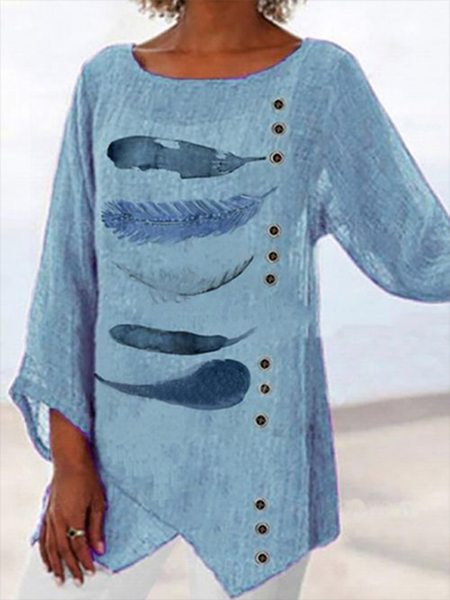 

Feather Crew Neck Casual Long Sleeve Tops, Blue, Tops