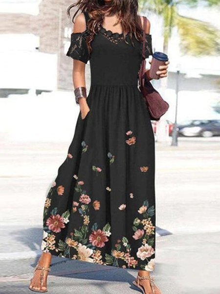 

Vacation Cotton Blends V Neck Short Sleeve Knit Dress, Black, Maxi Dresses