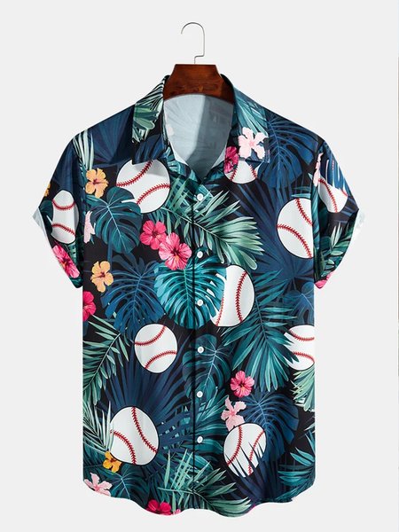 

Baseball Hawaiian Short Sleeve Shirt, As picture, Men's Floral shirt