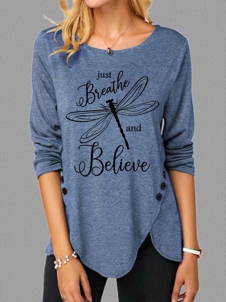 

Just Breathe And Believe Dragonfly Print Long Sleeve Shirt, Blue, Long sleeves