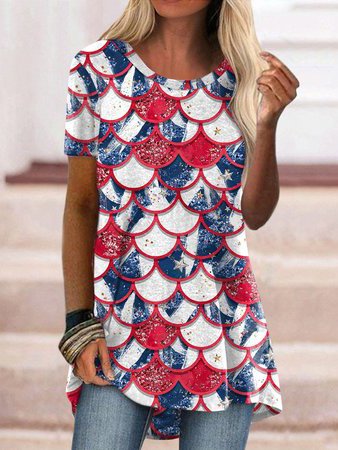 

Geometric Crew Neck Casual Short Sleeve Tops, Multicolor, T-Shirts