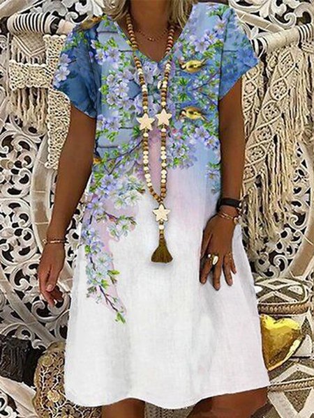 

Vacation Floral Bird Casual Loosen V Neck Short Sleeve Knit Dress, Flower, Mini Dresses