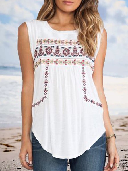 

Ruffled Round Neck Vacation Knit Tank, White, Tanks & Camis