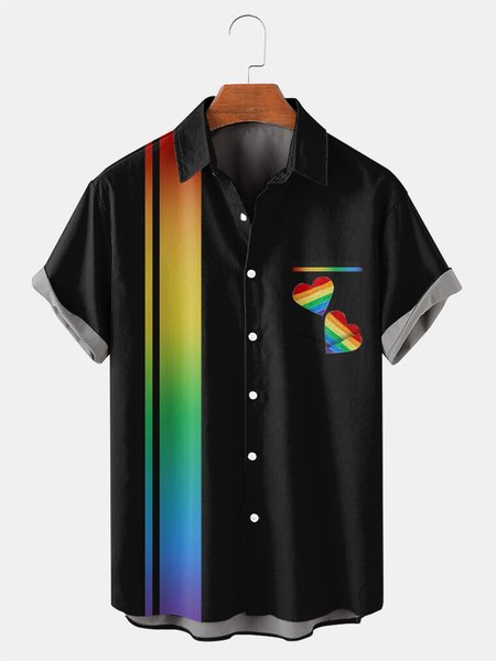 

Gradient Rainbow Graphic Men's Casual Short Sleeve Chest Pocket Shirt, Black, Men's Floral shirt