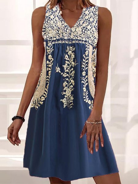 

Tribal V Neck Sleeveless Plus Size Casual Dresses, Blue, Mini Dresses