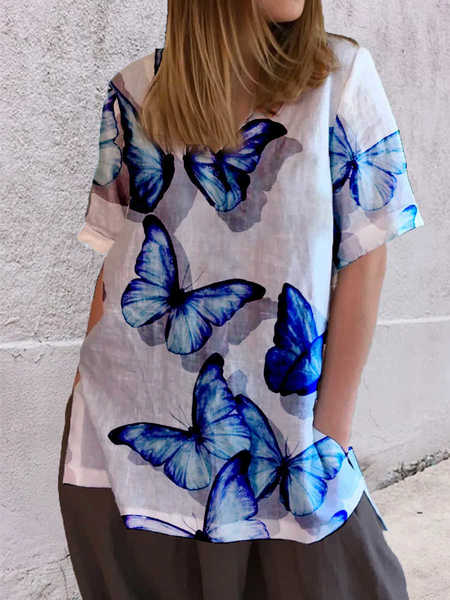 

Vintage Butterfly Print Casual Crew Neck Short Sleeves Blouse, White, T-Shirts