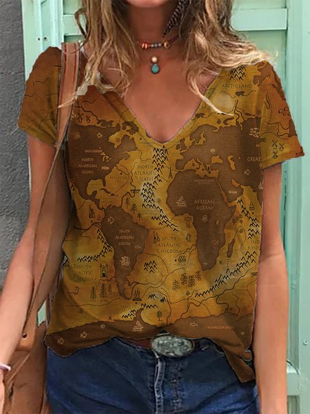 

Map Printed V Neck Casual Regular Fit Short Sleeve T-Shirt, Brown, T-Shirts