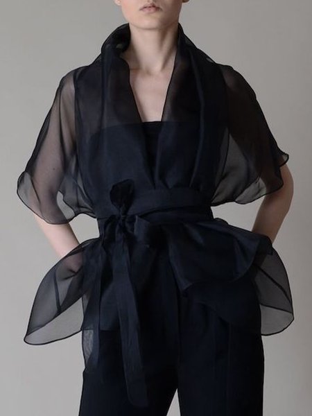 

Loosen Plain Lapel Elegant Work Cardigan, Black, Kimonos