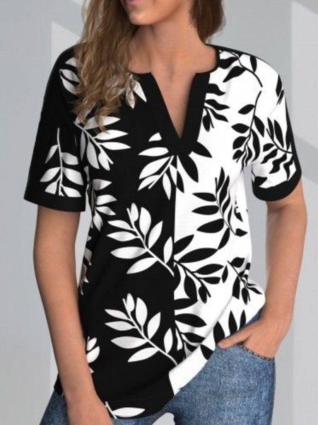 

V Neck Casual Leaves Short Sleeve T-Shirt, Multicolor, T-Shirts