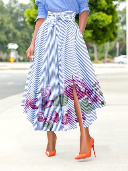 

Summer Lightweight A LineA Non-Stretch Zipper fly Elegant Long Skirt, Blue, Maxi Skirts