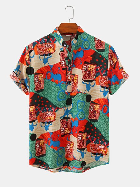

Men's Loose Stand Collar Ethnic Pattern Print Short Sleeve Shirt, Red, Shirts ＆ Blouse