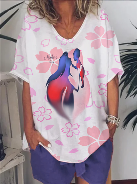 

Floral Casual Loosen Short Sleeve Tops V neck, White, T-Shirts