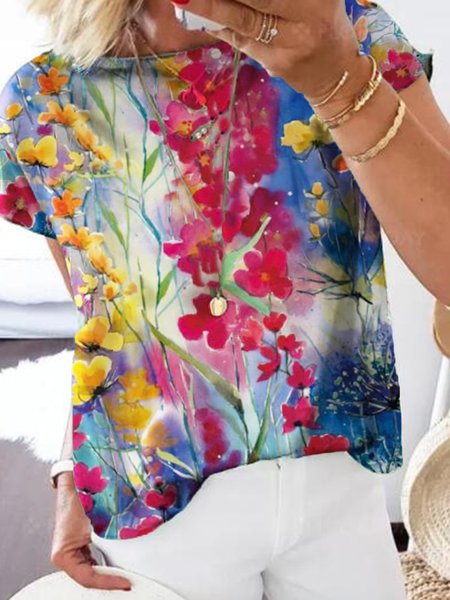 

West Styles/Cows Floral Short Sleeve Tops, Flower, Tops