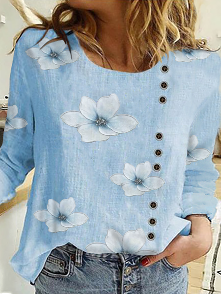 

Plus size Floral Long Sleeve Tops, Blue, Tops
