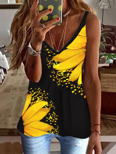 

Floral Loosen Casual Knit Tank, Black, Tank Top